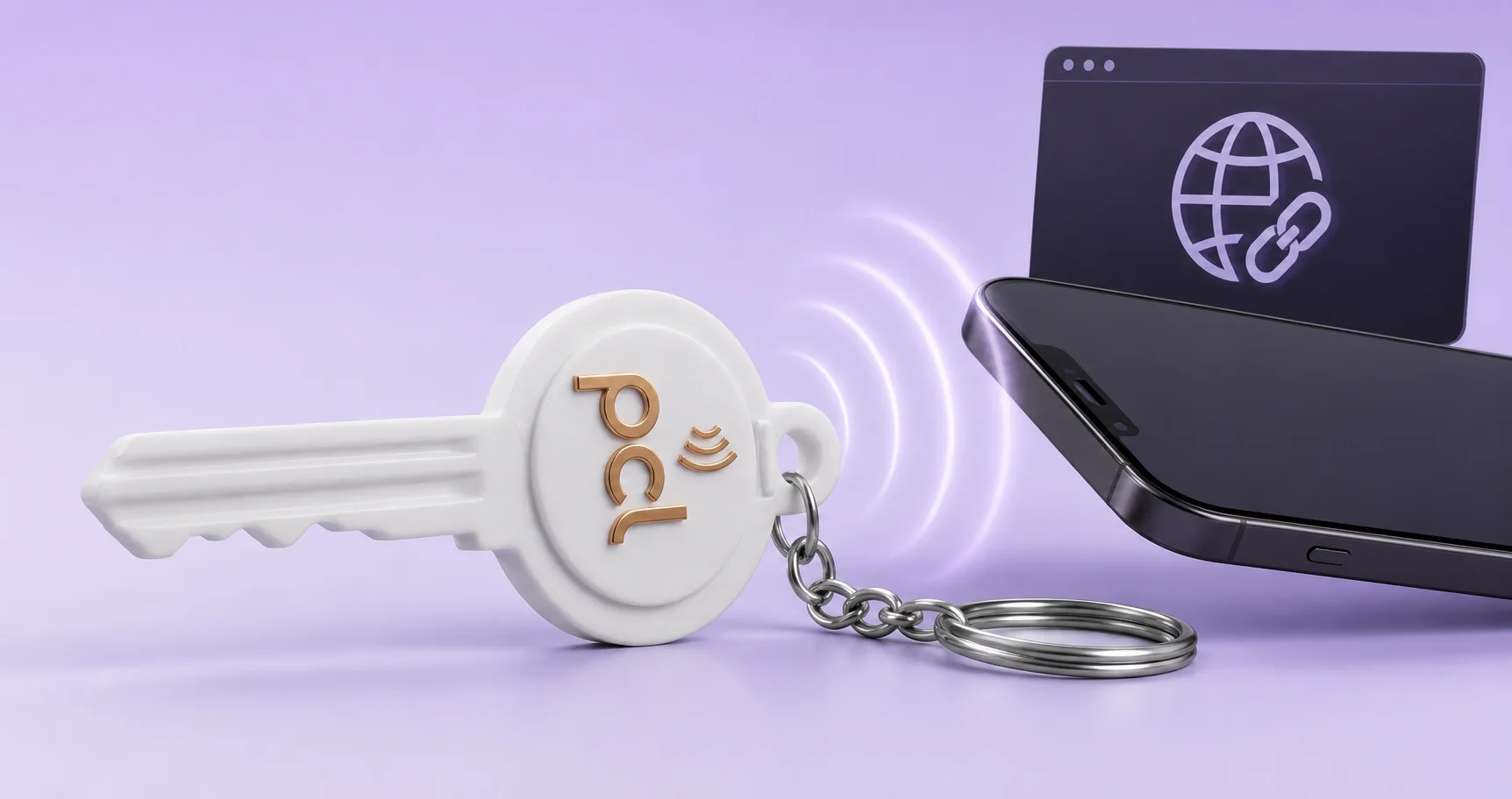 White corporate keychain opening a digital destination through NFC
