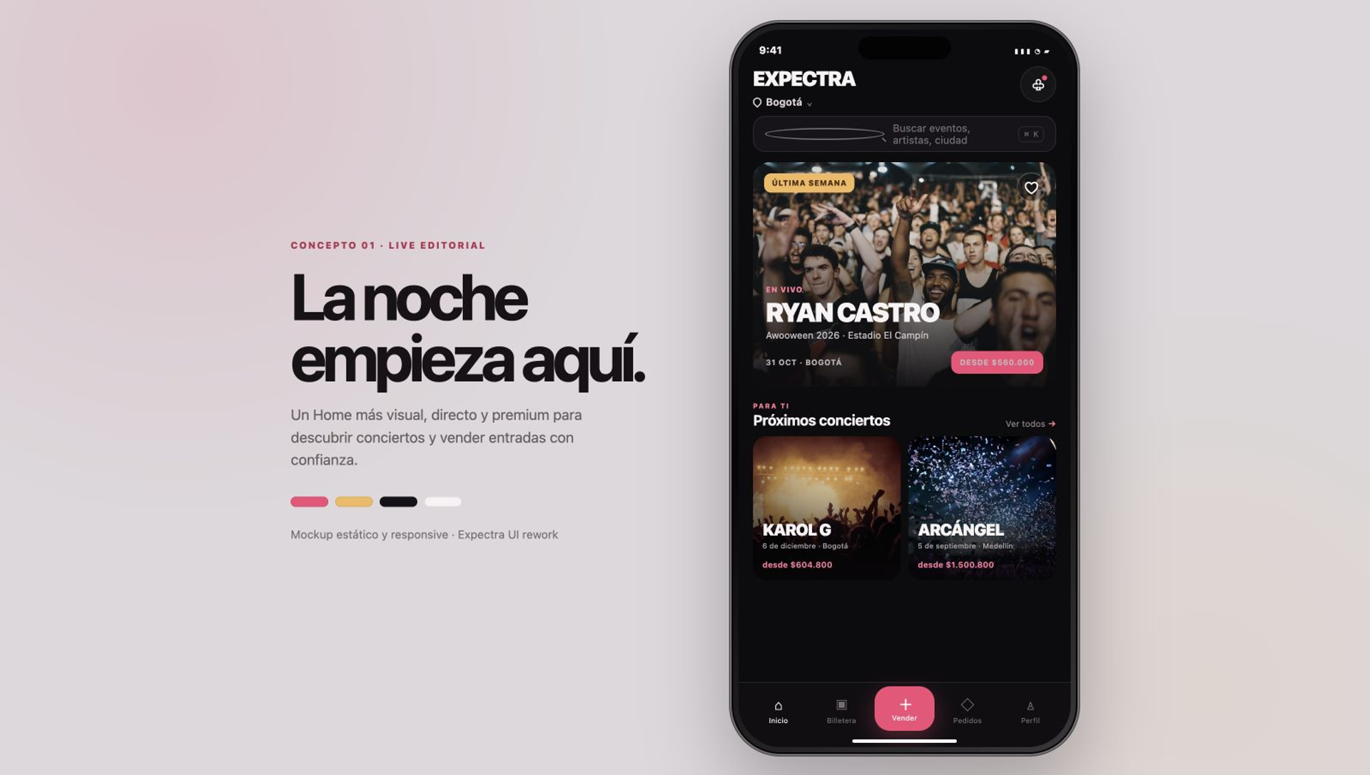 Expectra events and ticketing app redesign presented in a mobile interface mockup